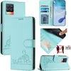 Collage of a light blue leather phone case with a cat design, showing different angles and features. Náhled obrázku produktu
