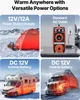 Collage of images showing different power options for a portable heater. Produktbild-Vorschau
