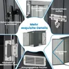 A collage of close-up images showcasing the features of a dark gray metal garden shed. Produktbild-Vorschau