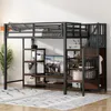 A loft bed with integrated shelving and a TV stand, set up in a room. Produktbild-Vorschau