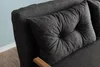 Close-up of a dark gray sofa with a tufted pillow and a wooden armrest. Náhled obrázku produktu
