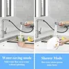 A split image showing a kitchen faucet in two different modes of operation, with text descriptions below. Produktbild-Vorschau