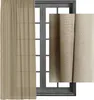 A sheer curtain is shown hanging on the left side of a window frame. To the right of the window, there are two rolled-up pieces of fabric with a textured weave, appearing to be the same material as the curtain. Produktbild-Vorschau