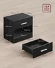 A black nightstand with dimensions provided via callouts, and one drawer pulled out. Náhled obrázku produktu