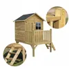 A wooden playhouse on stilts with a railing and a ladder, shown with close-up insets of construction details. Produktbild-Vorschau