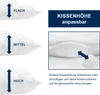 Diagrams showing different pillow heights and a close-up of a pillow with a zipper, illustrating how to adjust the filling. Produktbild-Vorschau