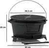 A black cast iron grill pot with dimensions indicated by measurement lines and text. Náhľad obrázku produktu