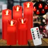 A set of red LED candles with a remote control, set against a blurred background of Christmas lights. Produktbild-Vorschau