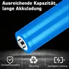 A close-up of a blue battery with text overlays and icons at the bottom. Produktbild-Vorschau
