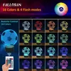 A collage of images showcasing a 3D LED soccer ball night light in various colors, along with a remote control. Produktbild-Vorschau