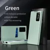 A green flip case for a smartphone is displayed, with text highlighting its features. Náhled obrázku produktu