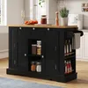 A black kitchen island with a wooden countertop is shown in a kitchen setting. Voir les images du produit