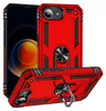 A red phone case with a ring holder is displayed from multiple angles, with a phone partially visible behind it. Produktbild-Vorschau