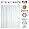 A white shower curtain with text and icons highlighting its features. Náhled obrázku produktu