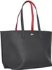 A black tote bag with red interior and handles, featuring a silver Lacoste logo. Anteprima dell’immagine prodotto