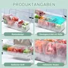 A collage of four images showcasing a clear plastic condiment organizer filled with various chopped vegetables and fruits, placed on a white surface with ice. Each image highlights a different feature or angle of the product. Produktbild-Vorschau