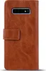 A brown leather wallet case for a smartphone is shown against a white background. Produktbild-Vorschau