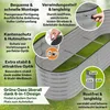 A silver metal raised garden bed is shown in a garden setting with text overlays highlighting its features. Produktbild-Vorschau