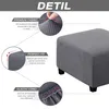 A grey ottoman or footstool covered with a patterned slipcover, shown from a diagonal angle. The image includes callouts highlighting the product's features such as premium fabric, perfect fit, and elastic cord. Produktbild-Vorschau