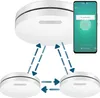 A smart smoke detector system with a smartphone app interface, showing connectivity between multiple devices. Produktbild-Vorschau