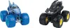 Two monster trucks, one designed like a shark and the other like a dragon or wolf, are shown side-by-side against a white background. Voir les images du produit
