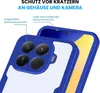 A close-up view of a blue phone case, showing the camera cutout and the screen protector area. Produktbild-Vorschau