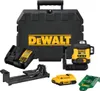 A DeWalt battery-powered laser level kit is displayed on a white background, including the storage case, laser level, batteries, charger, and accessories. Produktbild-Vorschau
