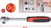 A collage of images showing a ratchet wrench, its dimensions, and how to attach a socket. Podgląd zdjęcia produktu