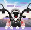 Close-up view of the handlebars and front of a children's electric motorcycle, with labels pointing out various features. Náhľad obrázku produktu