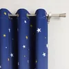 A close-up view of blue curtains with a star pattern hanging from a curtain rod. Produktbild-Vorschau