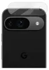 A close-up of the back of a black Google Pixel phone, showing the camera module and a clear screen protector placed over it. Produktbild-Vorschau