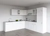 A clean, modern white kitchen with cabinets, a sink, and a countertop. Produktbild-Vorschau