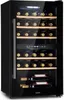 A black wine cooler refrigerator with several shelves filled with wine bottles. Produktbild-Vorschau
