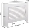 A white radiator cover with dimensions indicated by measurement lines and text. Produktbild-Vorschau