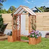A wooden garden swing with planters and a canopy, set in a backyard with a fence and house in the background. Produktbild-Vorschau