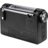 A black portable radio with a flashlight and solar panel. Produktbild-Vorschau