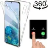 A clear phone case is shown on a phone, with a graphic indicating 360-degree protection and a close-up of a hand interacting with a phone screen. Produktbild-Vorschau