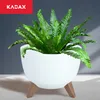 A white planter with wooden legs holding a green plant against a gray background. Náhled obrázku produktu