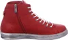 A side view of a single red high-top sneaker with white laces and a silver sole. Voir les images du produit