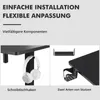 Collage showing desk accessories like a headphone hook and a cup holder, with German text highlighting features. Produktbild-Vorschau