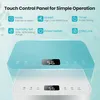 A close-up of a white dehumidifier with a light blue translucent overlay showing touch controls and feature icons. Produktbild-Vorschau