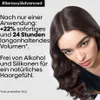 A woman with dark, wavy hair is shown from the chest up, looking down and to the side. Text overlays on the left side of the image describe product benefits. Produktbild-Vorschau