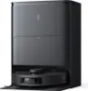 A black robot vacuum cleaner with its charging and emptying station. Produktbild-Vorschau