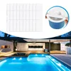 A collage showing pool skimmer socks, a pool skimmer basket with a sock being fitted, and a luxurious outdoor swimming pool area. Produktbild-Vorschau
