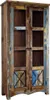 A tall, narrow wooden cabinet with glass doors and multi-colored distressed paint. Anteprima dell’immagine prodotto