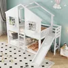 A white bunk bed with a slide, designed like a house, in a child's bedroom. Náhled obrázku produktu