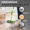 A person is using a green cordless sweeper on a wooden floor, with examples of debris it can clean shown in circles. Produktbild-Vorschau
