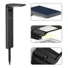A black solar-powered garden light with a stake for insertion into the ground. The image is accompanied by three close-up insets showing details of the solar panel, the LED light array, and a sensor. Náhľad obrázku produktu