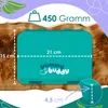 A teal lunchbox is shown on a wooden surface with graphical overlays indicating dimensions and weight. Náhľad obrázku produktu