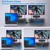 Collage of images showing a laptop connected to multiple monitors via a USB-C hub, demonstrating different display configurations. Produktbild-Vorschau